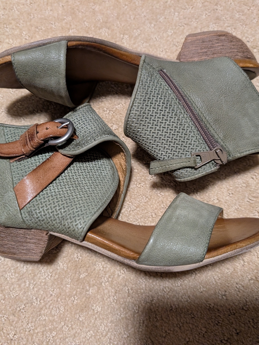 Miz Mooz Olive Green Leather Block Heel Sandals with Brown Accent